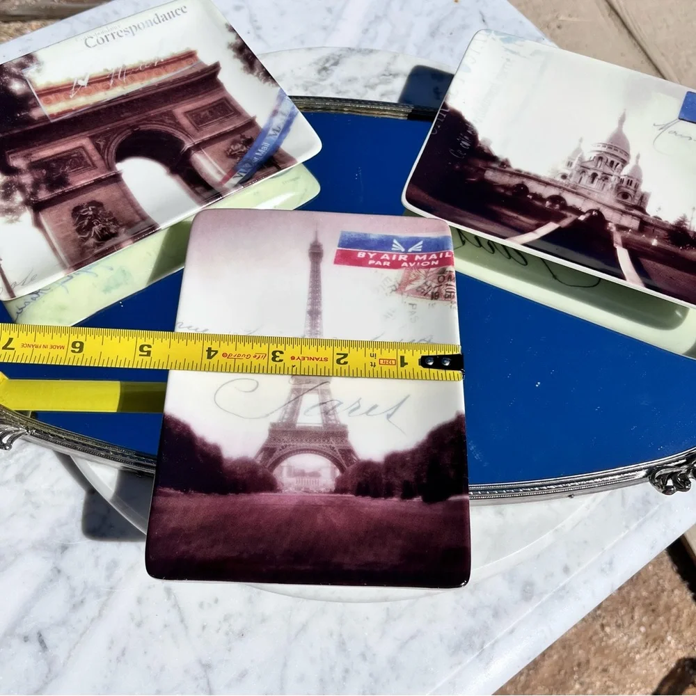Restoration Hardware Vintage Parisian-themed Postcard Plates Trinket Trays Set 3